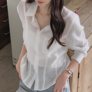 [인스타] 엘즈베딘 시스루 스트라이프 절개 스트랩 셔츠