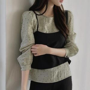 로니르벤 시스루 도트 블라우스 뷔스티에 투피스 세트