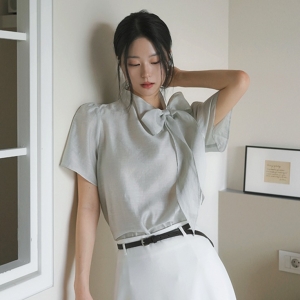 [인스타] 시크레어 린넨 텐셀 리본 타이넥 블라우스