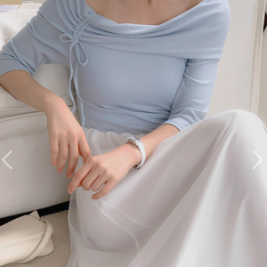 [인스타] 벨루리앙 스판 골지 7부 소매 오프숄더 플레어 샤 롱 원피스